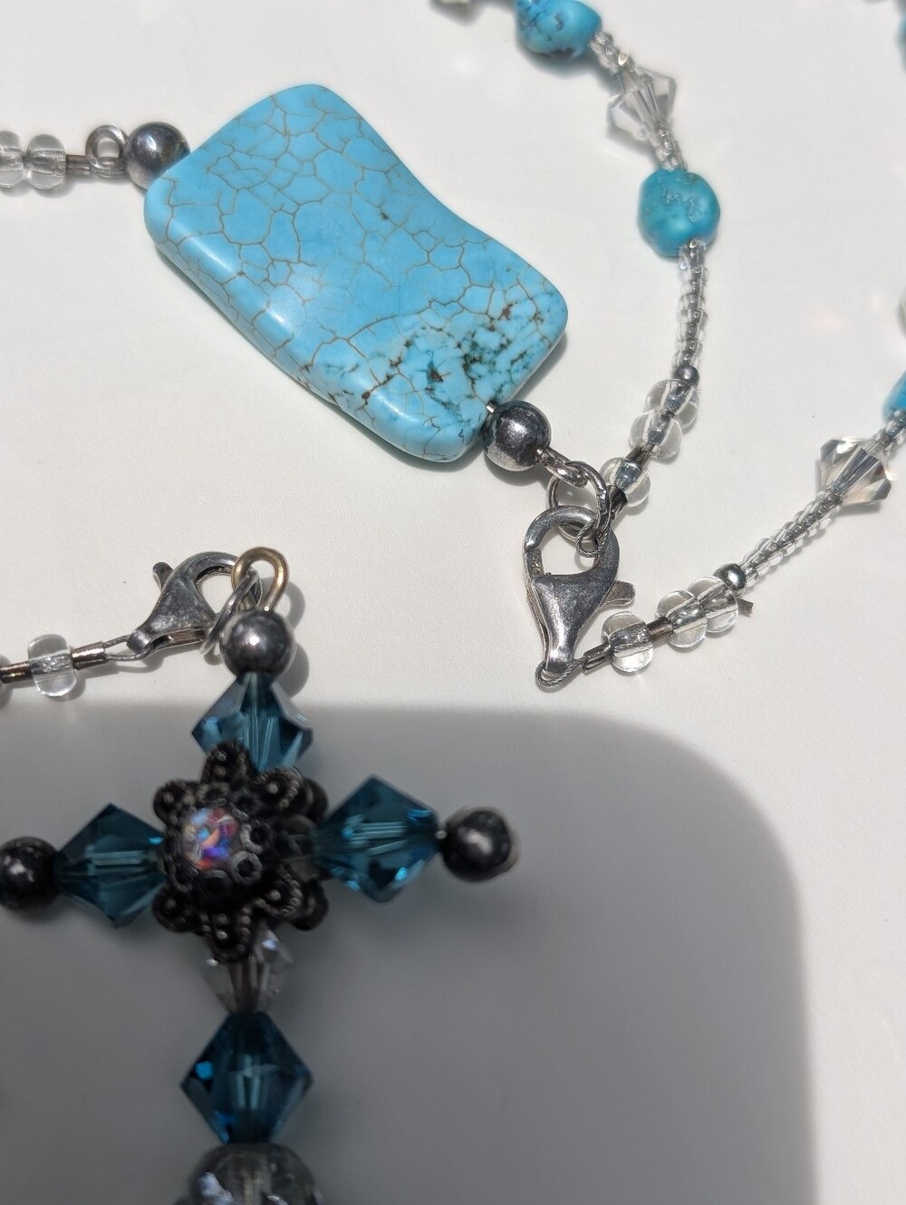 Vintage Rosary Necklace Turquoise & Crystal Handmade 925 - Picture 6 of 13